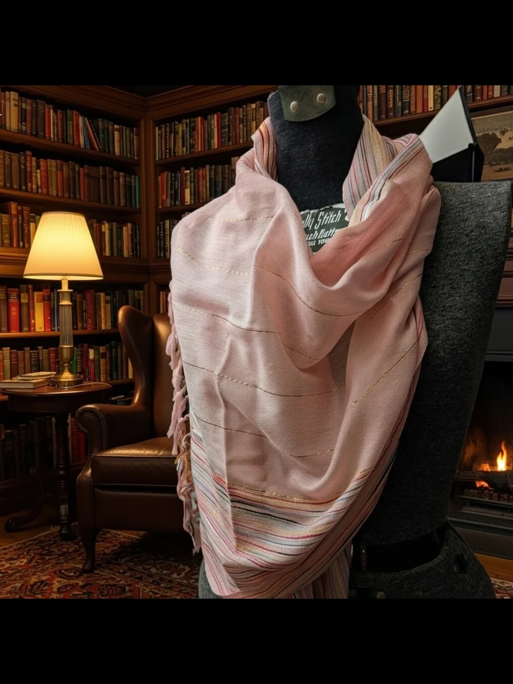 Artisan-Style Mixed Fiber Soft Pink Striped Fringe Shimmering Scarf Wrap 24